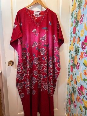 Miss Lavish London Red Floral Caftan with Embroidered Neck
